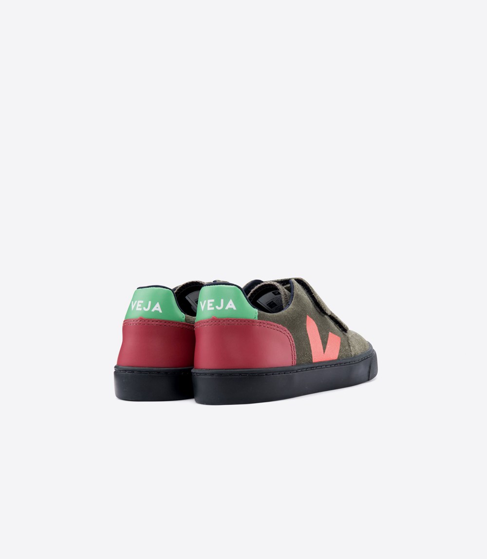 Tenis Veja Niños - V-12 Velcro Suede - Verde Oliva/Negros - 306UTHVJO